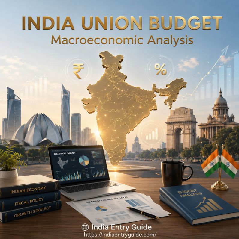 A professional macroeconomic review desk featuring an open laptop showing budget overview graphs, a black coffee mug, mini Indian flag, and a Budget Analysis report. The background reveals a golden 3D map of India floating above iconic landmarks like the Lotus Temple and India Gate, under the gold text India Union Budget: Macroeconomic Analysis.
