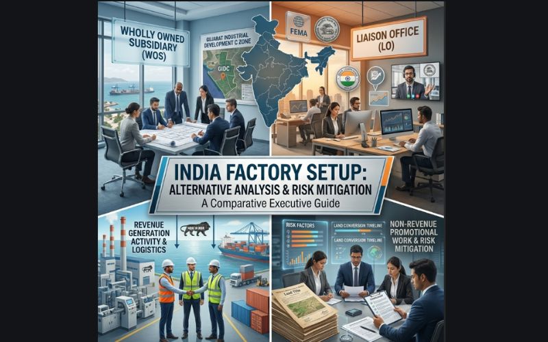 An executive guide infographic for setting up a factory in India, illustrating strategic industrial zones analysis and land acquisition risk mitigation for global manufacturing enterprises.