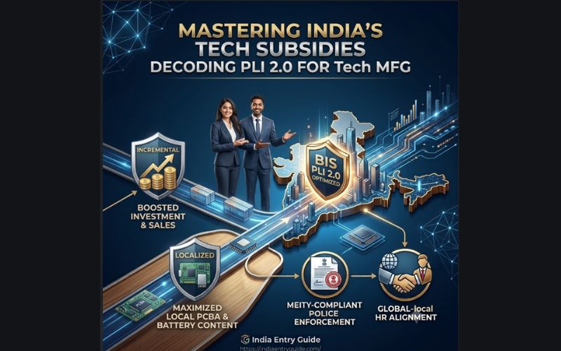 A professional business couple smiling in front of a glowing digital map of India, representing success in mastering India's tech subsidies and decoding the PLI 2.0 scheme for electronics manufacturing.