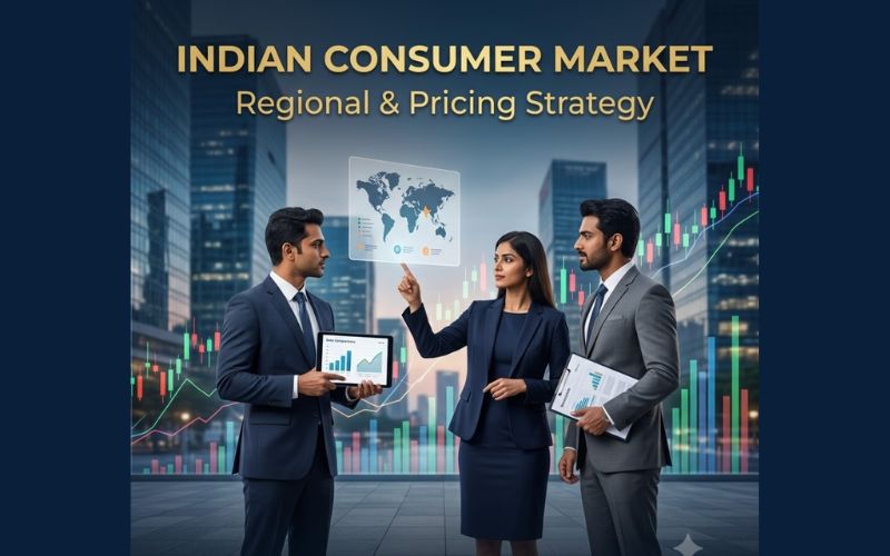 Three Indian business professionals analyzing regional demographic trends on a tablet and a floating holographic world map with highlighted markets. The background features modern city skyscrapers integrated with colorful stock market candlestick charts, under the elegant gold text Indian Consumer Market: Regional & Pricing Strategy.