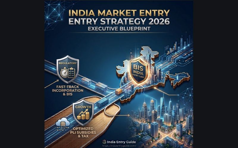 A futuristic digital map of India integrated with a modern skyscraper cityscape skyline, illustrating a strategic corporate blueprint for India market entry in 2026.