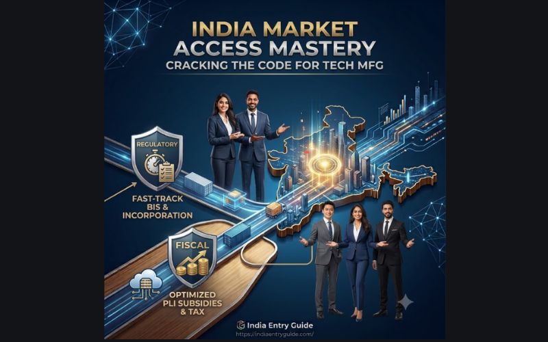 A professional business team standing alongside a digital map of India with modern skyscrapers, highlighting strategic market access mastery and decoding the regulatory code for tech manufacturing.