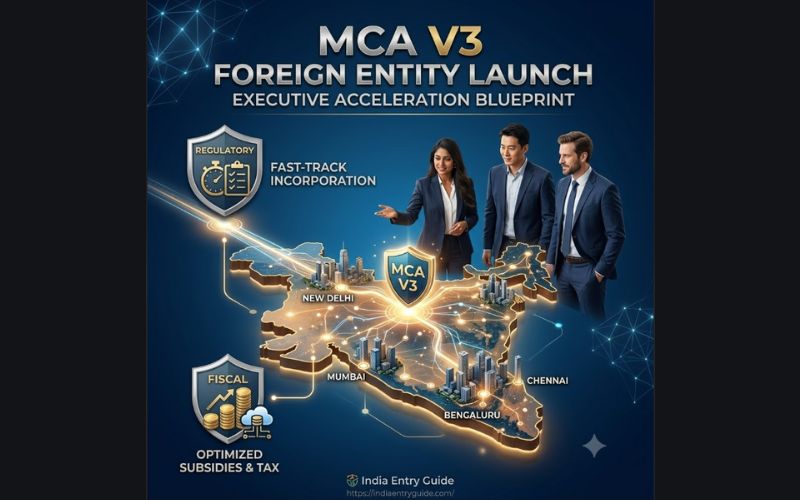A professional business executive team collaborating over a modern illuminated digital map of India with major city markings, representing a strategic guide to the MCA V3 portal for foreign company incorporation.