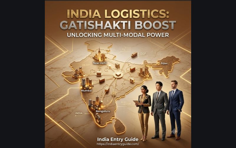 A professional business logistics team standing over an elegant gold and beige marble-textured digital map of India with major logistics hubs like Mumbai and New Delhi, representing India's PM GatiShakti multi-modal infrastructure boost.