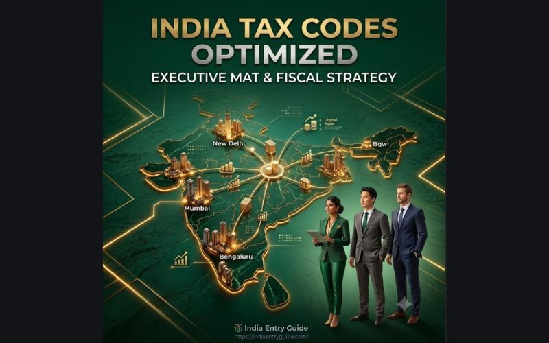 A professional business executive team standing alongside an elegant emerald green and gold marble-textured digital map of India with key city indicators, representing optimized corporate tax codes and executive MAT fiscal strategy.