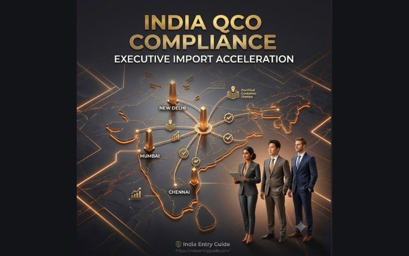 A professional business executive team standing alongside an elegant dark onyx and gold marble-textured digital map of India with key port indicators like Mumbai and Chennai, representing India's QCO compliance and executive import acceleration.