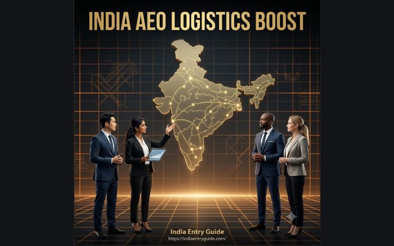 A professional global logistics team collaborating around a glowing gold 3D hologram map of India on a modern charcoal black and orange high-tech grid floor, representing a strategic guide to India's AEO T1 and T2 status for supply chain optimization.