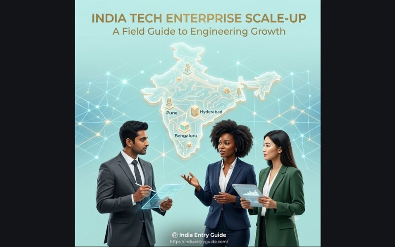 A professional global technology executive team and IT architects discussing engineering growth strategy against a modern mint and aqua blue geometric data grid. The background features a glowing 3D translucent map of India clearly highlighting key technology hubs like Bengaluru, Hyderabad, and Pune, with the title India Tech Enterprise Scale-Up.