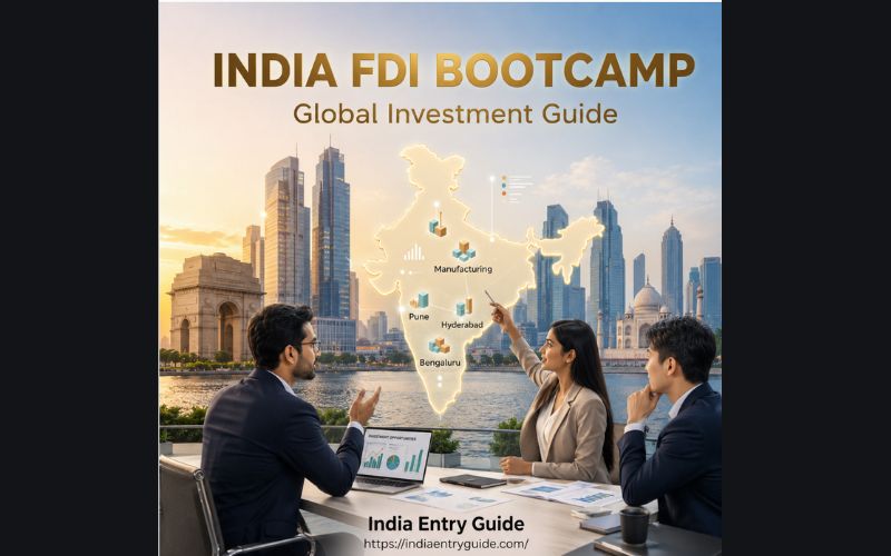A professional business team of Indian corporate executives discussing global investment strategy in a modern mint green environment. The background features a blurred cityscape with skyscrapers and a stylized translucent map of India highlighting key manufacturing and tech hubs like Bengaluru, Hyderabad, and Pune, with the title India FDI Bootcamp.