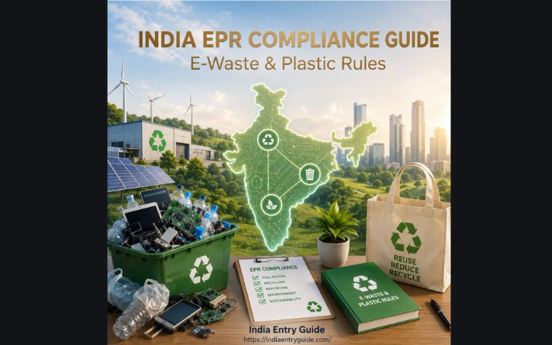An eco-friendly industrial concept illustrating India environmental regulations with a glowing green 3D map of India displaying recycling icons. The foreground showcases an EPR Compliance checklist clipboard, an E-Waste & Plastic Rules handbook, a reusable eco-bag, and a green recycling bin filled with electronic waste and circuit boards next to solar panels and wind turbines, matching the text India EPR Compliance Guide.