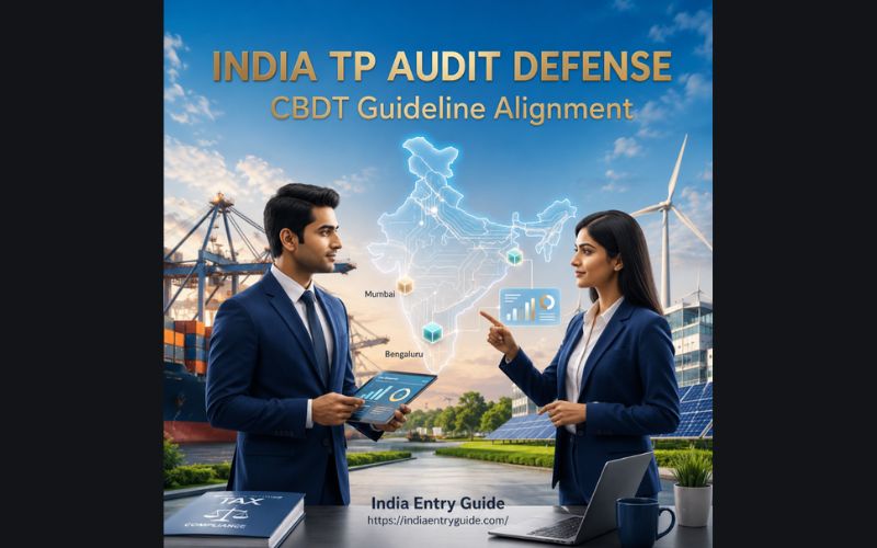 Two Indian corporate tax professionals analyzing financial compliance data on a tablet and laptop, with a Tax Compliance book on the desk. The background features an industrial port and windmills with a glowing 3D map of India highlighting Mumbai and Bengaluru, under the gold text India TP Audit Defense: CBDT Guideline Alignment.