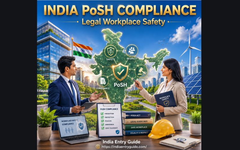 Two Indian corporate professionals reviewing workplace safety guidelines on a tablet and binder with a yellow hard hat and laptop on the desk. The background features sustainable green energy infrastructure and a glowing 3D map of India displaying icons for Safety, Respect, and Law, under the gold text India PoSH Compliance: Legal Workplace Safety.