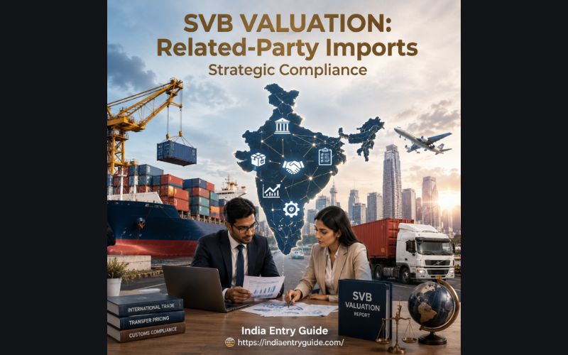 An international trade compliance concept showcasing two Indian corporate professionals reviewing an SVB Valuation Report on a corporate desk with a laptop, globe, and scales of justice. The background displays a cargo ship, commercial truck, airplane, and skyscrapers flanking a dark blue map of India with interconnected compliance icons, under the text SVB VALUATION: Related-Party Imports - Strategic Compliance.