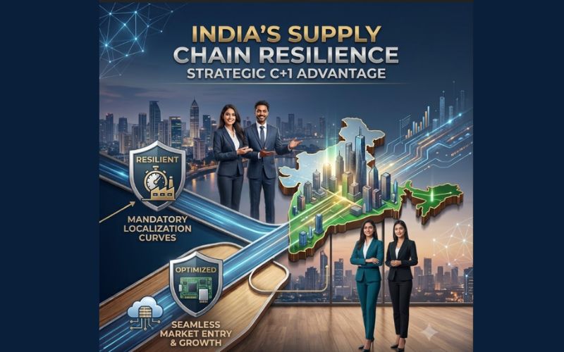 A professional business couple smiling in front of a glowing digital map of India, representing success in mastering India's tech subsidies and decoding the PLI 2.0 scheme for electronics manufacturing.