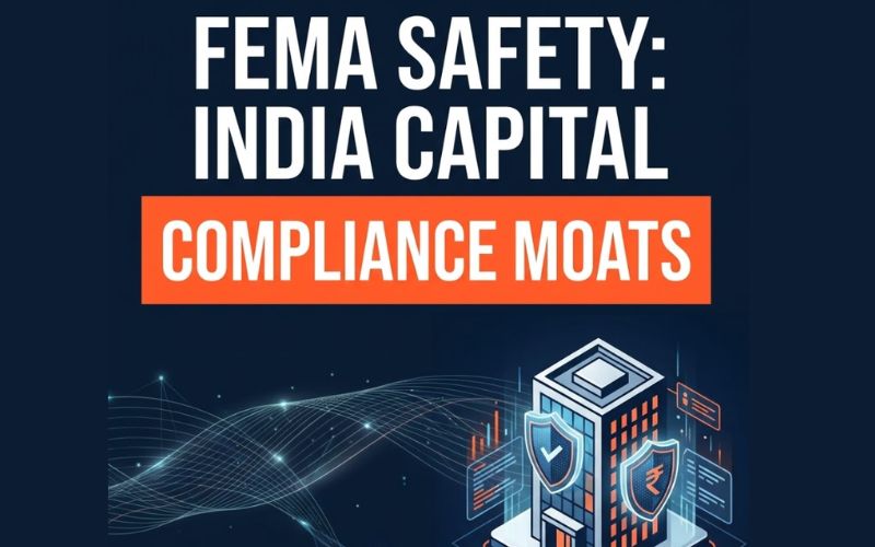 Conceptual infographic thumbnail for a cross-border Subsidiary setup in India, illustrating optimized FEMA safety moats and protected inward remittance data moats against a deep navy trust background with vibrant orange accents.