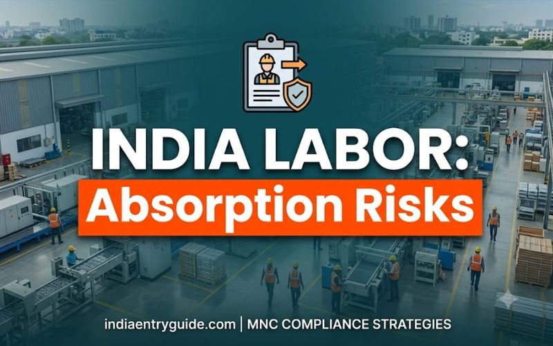 Overhead graphic vector illustration of a large, operational manufacturing facility in India, featuring production lines, workers in hard hats, and complex industrial systems under a transparent teal gradient. Centered, bold typography reads "INDIA LABOR: Absorption Risks" with "Absorption Risks" in a striking orange box. Upper right features compliance icons including a clipboard and shield over a worker indicator. Designed as a professional corporate thumbnail for multinational corporations, without any Korean text.