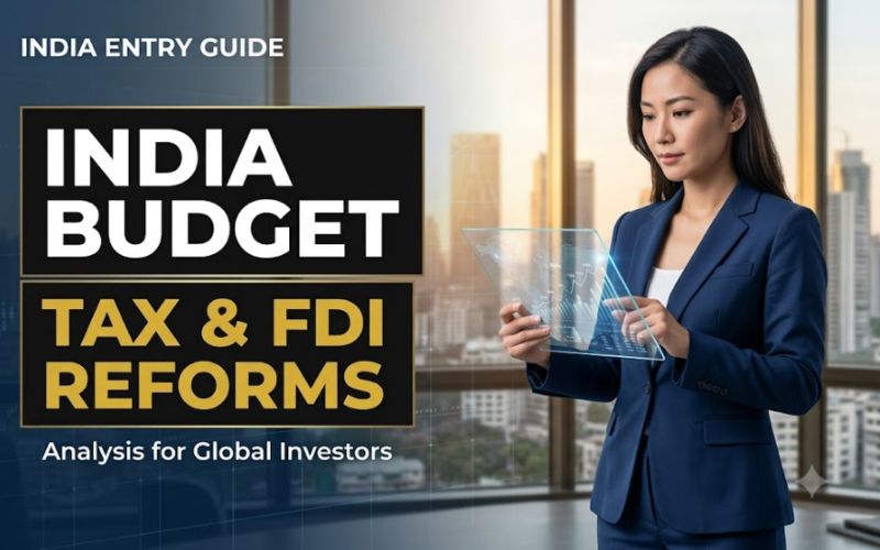 A professional institutional investment strategist in a navy corporate suit analyzing fiscal graphs on a transparent tablet, set against a brightened Mumbai financial district background with clear text overlay for India Union Budget tax and FDI reforms.