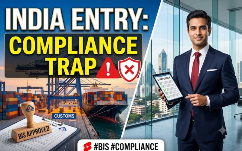 A professional global corporate executive reviewing compliance documents in front of a busy Indian shipping container port, illustrating the crucial importance of BIS certification and FEMA regulations.