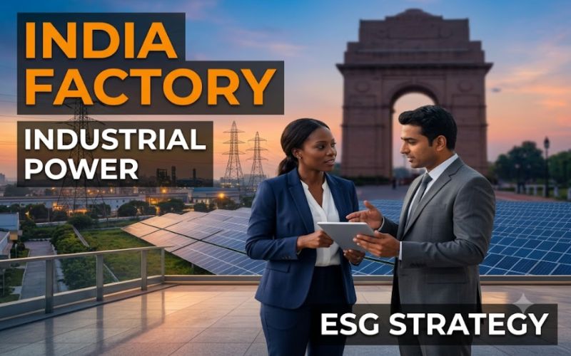 High-voltage industrial power transmission lines and solar panel infrastructure providing renewable energy to a modern manufacturing factory in India.