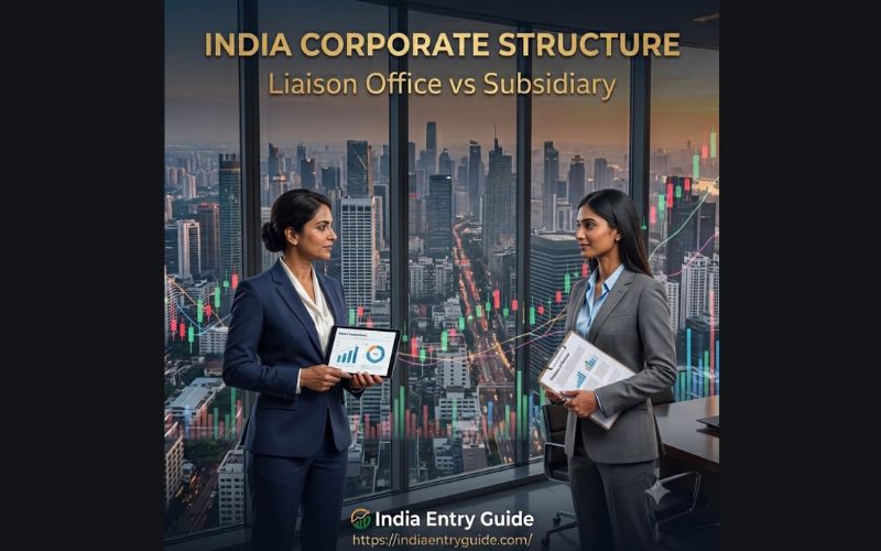 Two Indian businesswomen in professional suits discussing corporate data with a tablet and clipboard. The background shows a panoramic view of modern city skyscrapers through large glass windows, integrated with colorful stock market candlestick charts, under the elegant gold text India Corporate Structure: Liaison Office vs Subsidiary.
