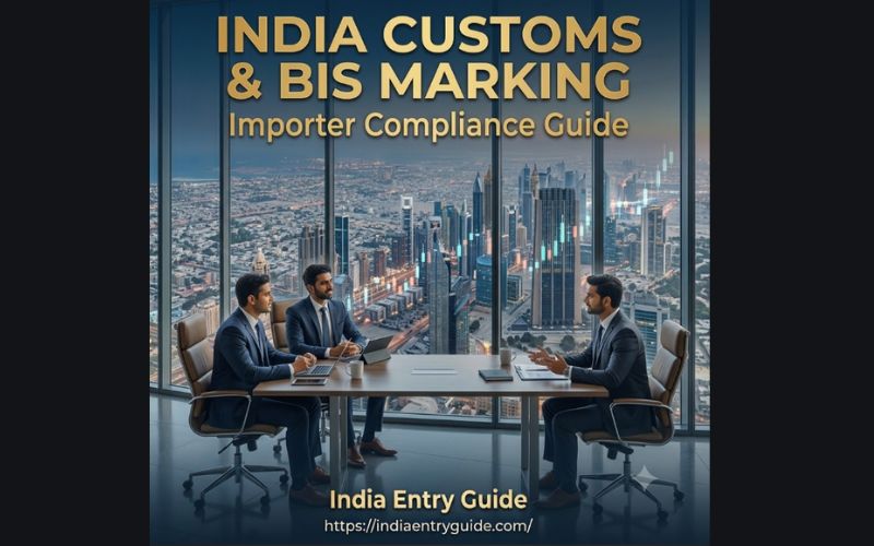 Three Indian business professionals sitting at a conference table, discussing compliance strategies in a modern high-rise office. The large window overlooks a panoramic city skyline at dusk with digital candlestick charts overlay, under the gold title India Customs & BIS Marking: Importer Compliance Guide.