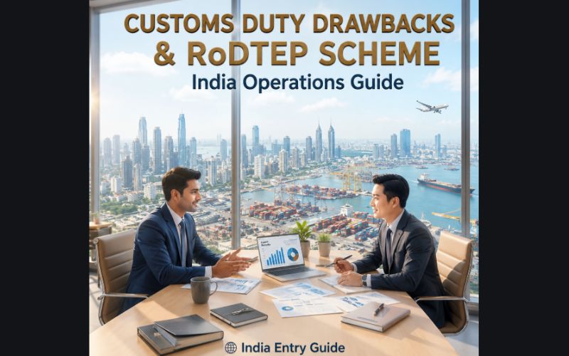 An Indian businessman and an East Asian businessman sitting at a conference table by a large window, discussing trade finance with a laptop and documents. The scenic background shows a busy seaport with a cargo ship, an airplane in the sky, and a modern coastal city skyline under the gold text Customs Duty Drawbacks & RoDTEP Scheme: India Operations Guide.