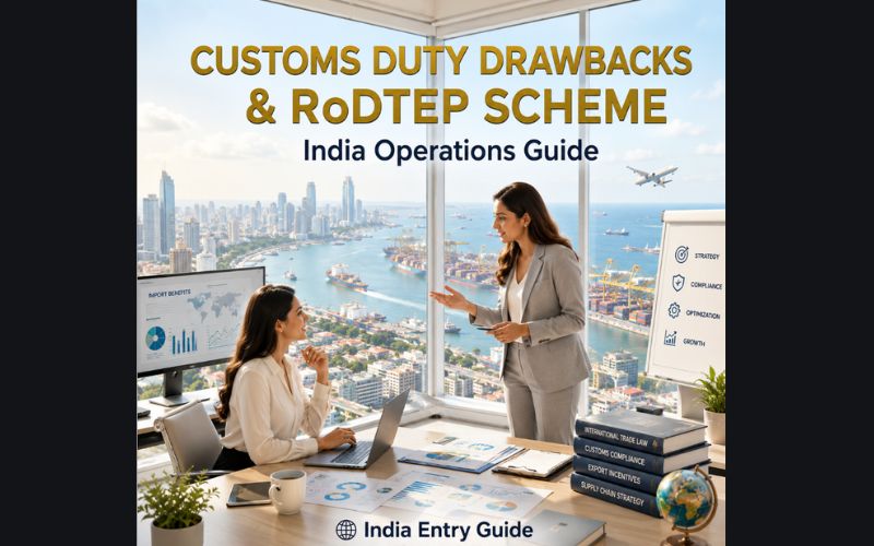 Two Indian businesswomen in professional attire discussing supply chain strategies and import benefits at an office desk with a laptop and a globe. The panoramic window behind them shows a bustling seaport, under the prominent gold text Customs Duty Drawbacks & RoDTEP Scheme: India Operations Guide.