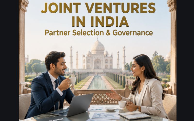 An Indian businessman holding a coffee cup and an Indian businesswoman in a light blazer discussing a joint venture proposal at an outdoor glass table with a laptop and financial charts. The iconic Taj Mahal stands beautifully in the soft-focused background under the gold text Joint Ventures in India: Partner Selection & Governance.