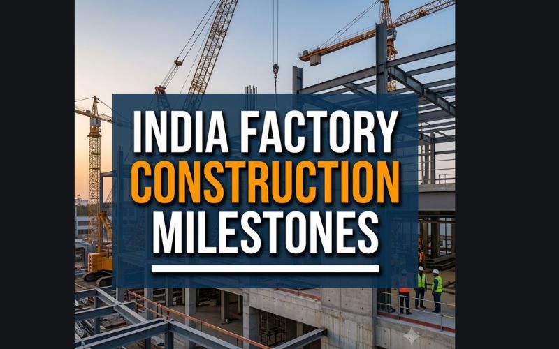 Modern industrial factory construction site in India displaying structural steel layout and manufacturing plant infrastructure for global corporate investments.