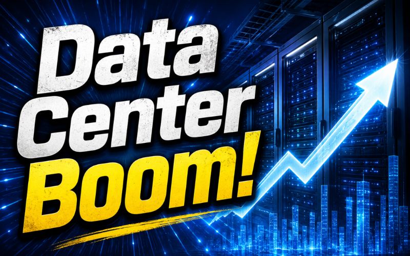 "Bold thumbnail featuring the text 'Data Center Boom!' in large white and yellow letters over a futuristic data center with glowing server racks. A bright upward arrow and rising bar chart symbolize rapid growth, increasing demand, and expansion in the data center industry."