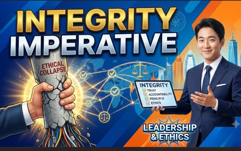 "Thumbnail image titled 'INTEGRITY IMPERATIVE' in bold gold and white text. On the right, a smiling Asian presenter in a navy suit stands next to a podium labeled 'LEADERSHIP & ETHICS' while holding a tablet displaying an integrity checklist. On the left, a hand firmly grasps a cracking pillar labeled 'ETHICAL COLLAPSE,' exposing inner cables. The background features a glowing global network map, scale of justice icons, and modern city skylines in a blue and orange color scheme."