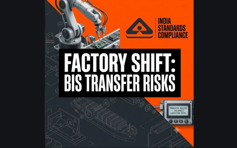Infographic outlining BIS certification transfer protocols and regulatory compliance risks for multinational corporations relocating factory lines to India.