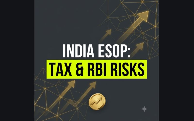 Minimalist technical graphic thumbnail illustrating India ESOP compliance risks, featuring technical network lines and bold typography with key concepts "INDIA ESOP: TAX & RBI RISKS" for global multinational corporation audiences.
