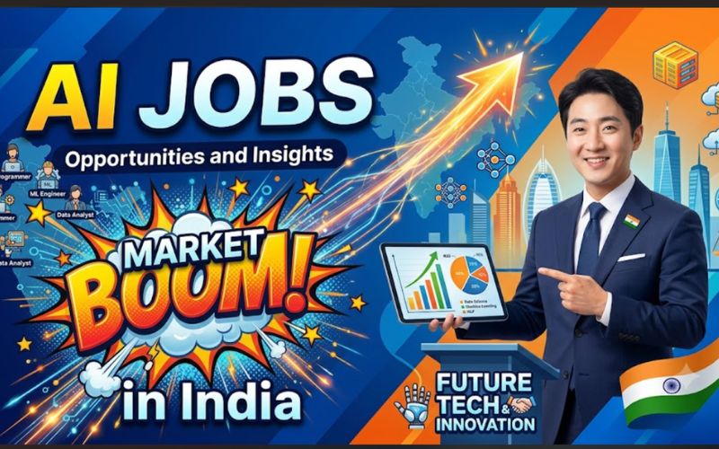 A professional presenting growth charts on a tablet next to text reading AI Jobs Market Boom in India.