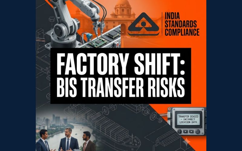 "Infographic comparing BIS certification transfer risks for Indian manufacturing. On the muted background, an Indian worker operates a local line; on the bright orange side, a BIS mark and a rejected control panel illustrate the risk of location data errors. Text reads 'FACTORY SHIFT: BIS TRANSFER RISKS'."