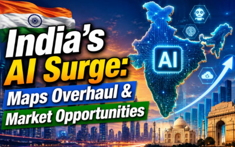 Thumbnail illustrating India's AI boom, featuring a glowing AI-powered map of India, the Indian flag, rising market charts, and iconic landmarks such as the Taj Mahal and India Gate. The headline reads "India's AI Surge: Maps Overhaul & Market Opportunities," highlighting AI-driven innovation, digital transformation, and emerging business opportunities in India.