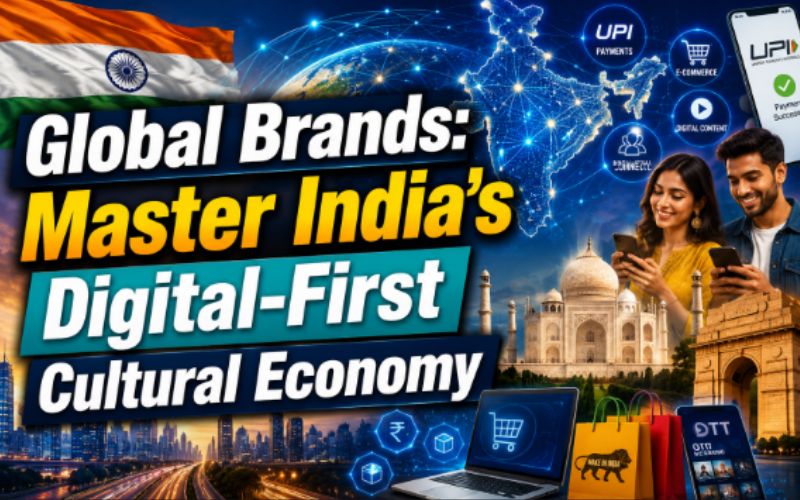 YouTube thumbnail featuring the headline "Global Brands: Master India's Digital-First Cultural Economy." The image includes a digital map of India, the Indian flag, UPI payment icons, e-commerce symbols, smartphones, young Indian consumers, the Taj Mahal, India Gate, and a modern city skyline. It highlights India's digital-first economy, cultural trends, AI-driven innovation, and business opportunities for global brands entering the Indian market.
