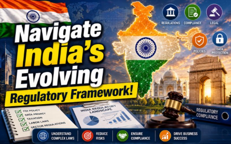 YouTube thumbnail featuring the headline "Navigate India's Evolving Regulatory Framework!" The image includes the Indian flag, a digital map of India, the Taj Mahal, India Gate, a gavel, compliance documents, regulatory checklists, and legal icons. It highlights India's changing regulatory landscape, compliance requirements, data protection, and business opportunities for companies entering the Indian market.